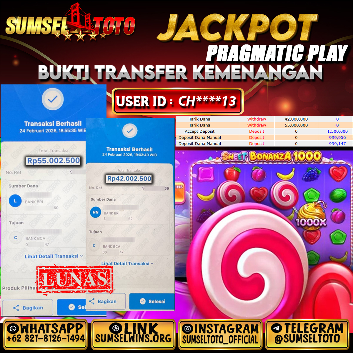 SUMSELTOTO JACKPOT SWEET BONANZA 1000 Rp.97,000,000.,- LUNAS